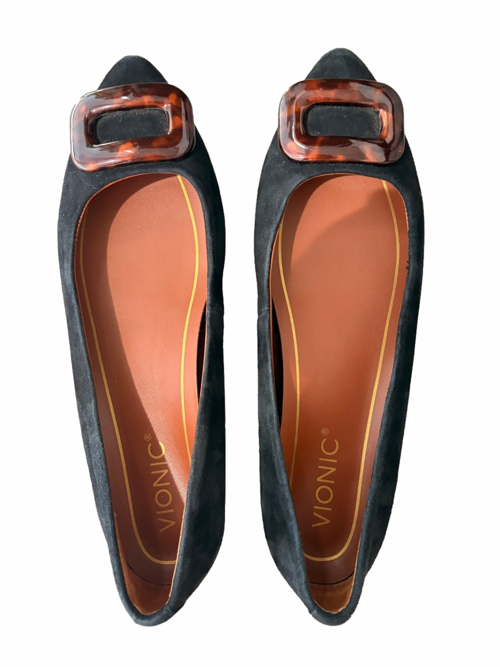 VIONIC BLACK SUEDE LOOK POINTED TOE FLATS WITH TORTOISESHELL BUCKLE, SIZE 7.5